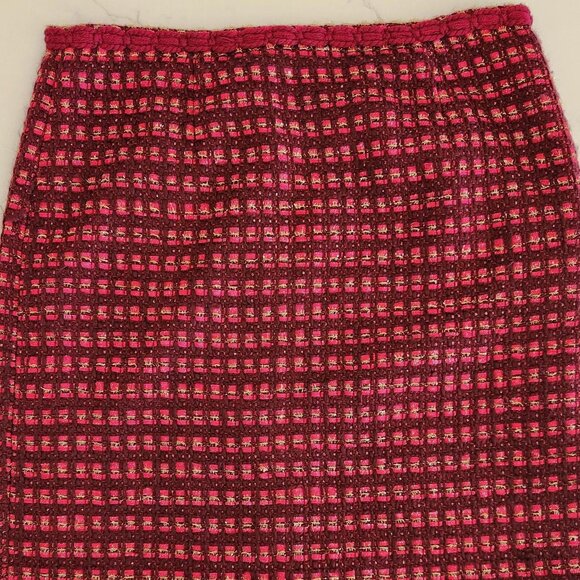 Tory Burch Wool Blend Sz 4 Basketweave Ribbon Plaid Pencil Skirt Pink Tweed Work - Picture 4 of 10